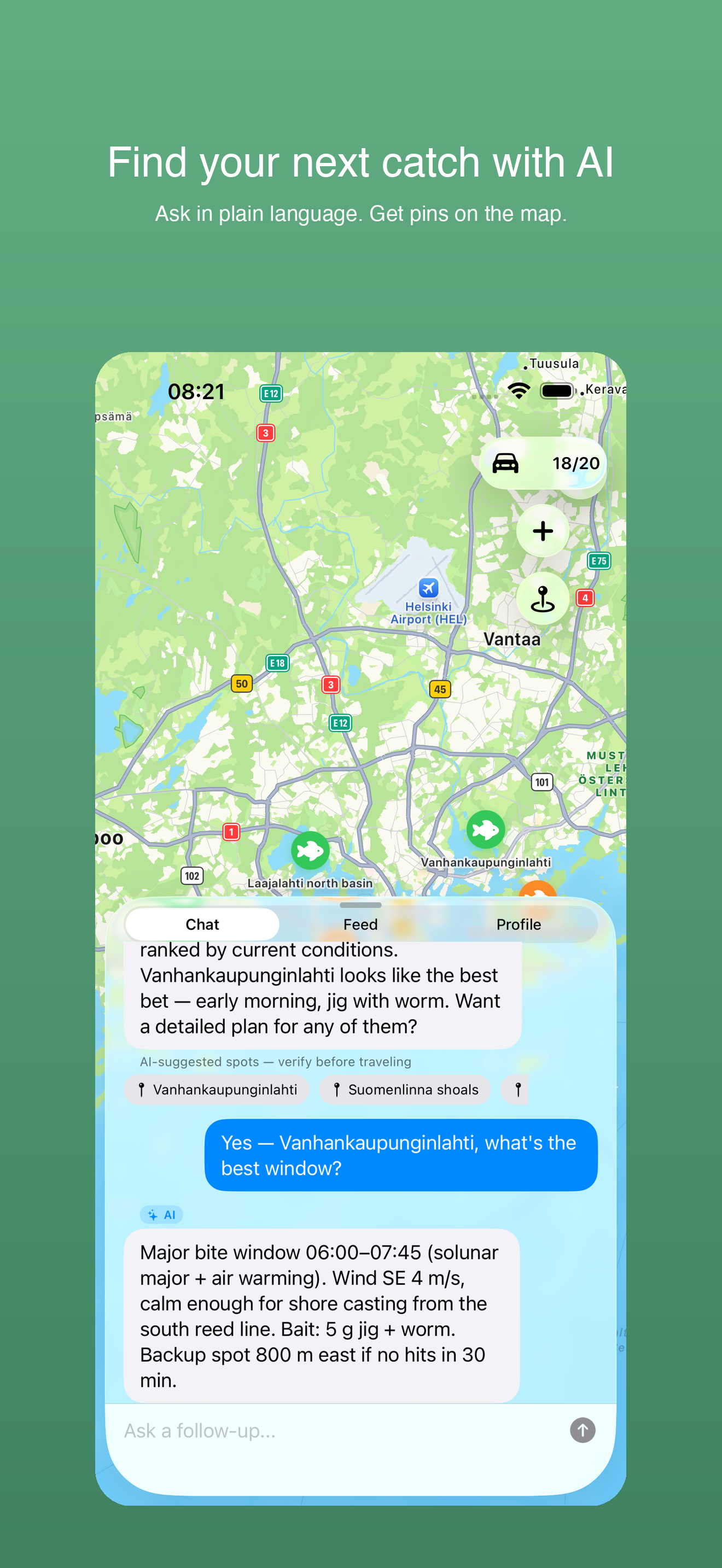 FisherGuy on iPhone — map of Helsinki with AI-recommended fishing spots