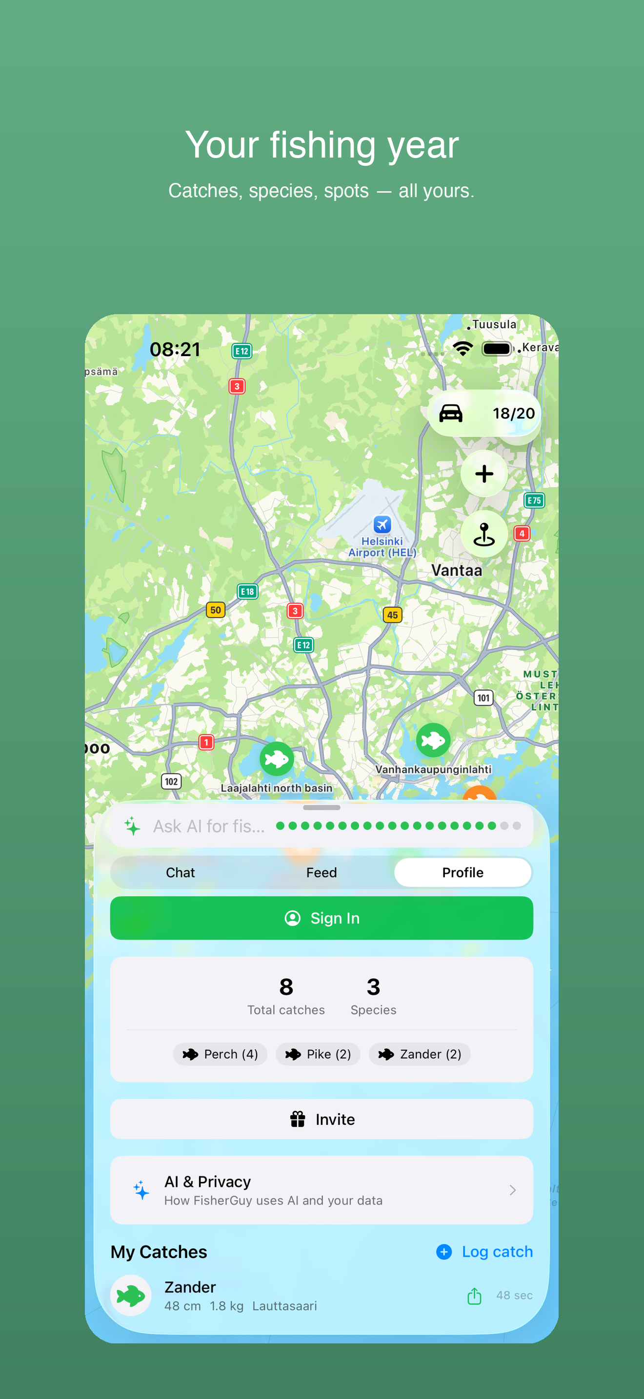 Profile screen with stats and AI and Privacy row